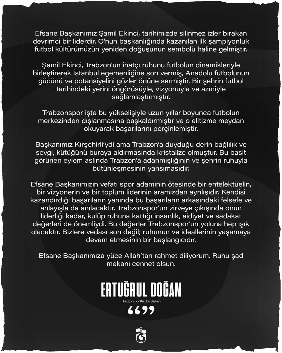 Başkanımız Ertuğrul Doğan’dan taziye mesajı