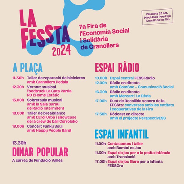 Dimas_EIS's tweet photo. 🎉 Aquest any estarem a la #FESSta! Vine a conèixer-nos i descobreix com ajudem a crear oportunitats laborals i socials per a persones en risc d'exclusió.

📅 28/09, 10h
📍 Plaça Lluís Perpinyà, #Granollers
No t'ho perdis! 🙌

#ESS #EconomiaSocial #DimasEIS #ImpacteSocial https://t.co/CRws2b908p
