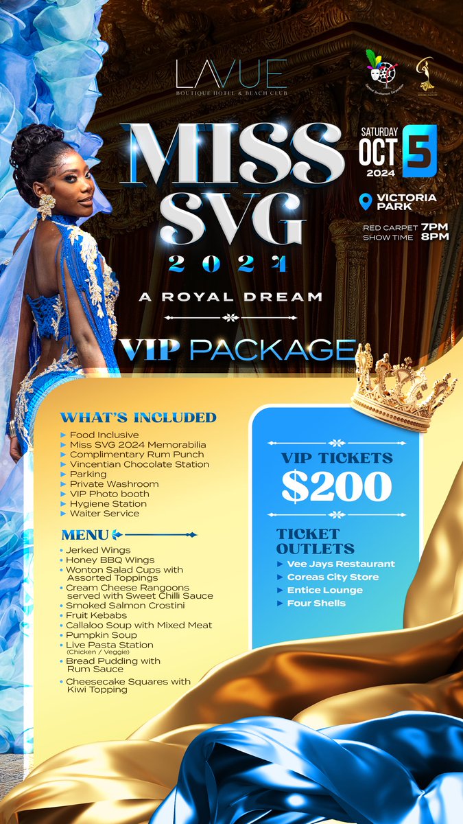MissSVGPageant's tweet photo. EXPERIENCE THE ULTIMATE VIP TREATMENT AT MISS SVG 2024!

Step into luxury with our exclusive VIP package that guarantees a night of royal indulgence! 

#ARoyalDream #LaVueBoutiqueHotelMissSVGPageant 
#Pageantry #SaintVincent #SaintVincentandTheGrenadines
#SVG #Vincy #VisitsVG https://t.co/VC8Smswqlf