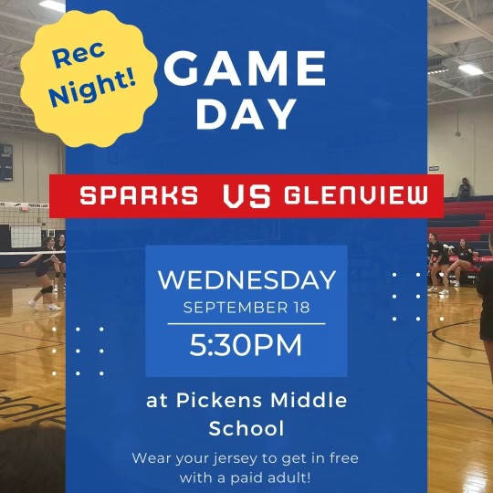 Our Lady Sparks volleyball teams host Glenview on Wednesday, September 18th. It's also Rec Night so wear your jersey to get in free with a paid adult! Games begin at 5:30 PM. Come out and support our Lady Sparks! #sparkpride