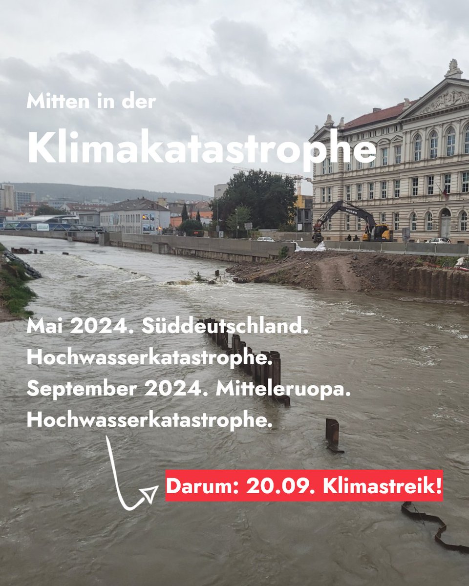 Wir sind mitten in der Katastrophe. Das sehen wir mehr denje aktuell in Osteuropa. Das ist kein Ausnahmezustand mehr. Das ist schon jetzt unser Alltag. 

Darum: Jetzt handeln!
Darum: 20.09. ab 10:00 zum Klimastreik im Stadthallenpark!