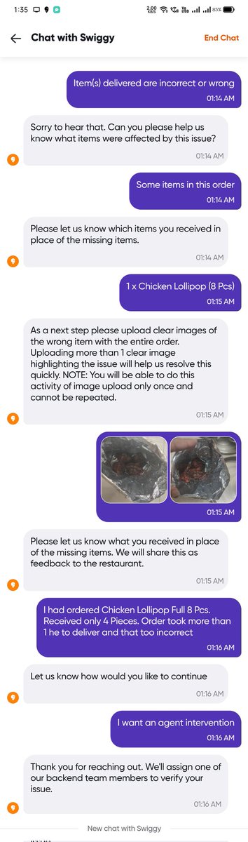 Vidz_08's tweet photo. @Swiggy @SwiggyCares Ordered Chicken Lollipop (8 Pcs) along with 2 other items from Hotel Prabh Punjabi Special,Dombivli, Maharashtra. Received only 4 Pcs. Attached are Screenshots of Conversation of Swiggy Backend Team Member. 
NOT RESOLVED AT ALL😡🤬.
#pathetic #Swiggy https://t.co/g7uIqH27ft