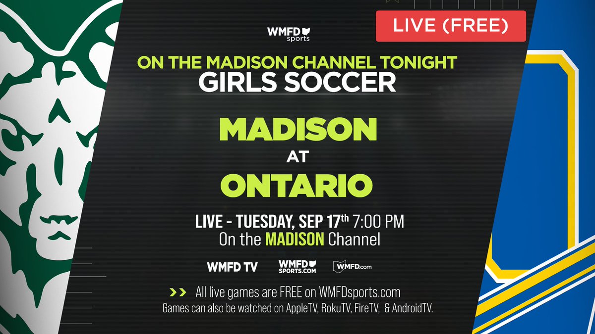 WMFD TV (@wmfdtv) on Twitter photo PROGRAMMING NOTE: The Madison/Ontario girls soccer game will be seen on the MADISON channel tonight.
<a href="/mchs_rampride/">madison rams🐏💚</a> <a href="/madramladysocr/">Madison Lady Rams Soccer</a> <a href="/SchoolsOntario/">Ontario Schools</a> <a href="/ont_athletics/">Ontario Warriors Athletics</a> <a href="/WarriorOzone/">The O-Zone</a> <a href="/SoccerOntario/">Ontario Girls Soccer</a> PROGRAMMING NOTE: The Madison/Ontario girls soccer game will be seen on the MADISON channel tonight.
<a href="/mchs_rampride/">madison rams🐏💚</a> <a href="/madramladysocr/">Madison Lady Rams Soccer</a> <a href="/SchoolsOntario/">Ontario Schools</a> <a href="/ont_athletics/">Ontario Warriors Athletics</a> <a href="/WarriorOzone/">The O-Zone</a> <a href="/SoccerOntario/">Ontario Girls Soccer</a>