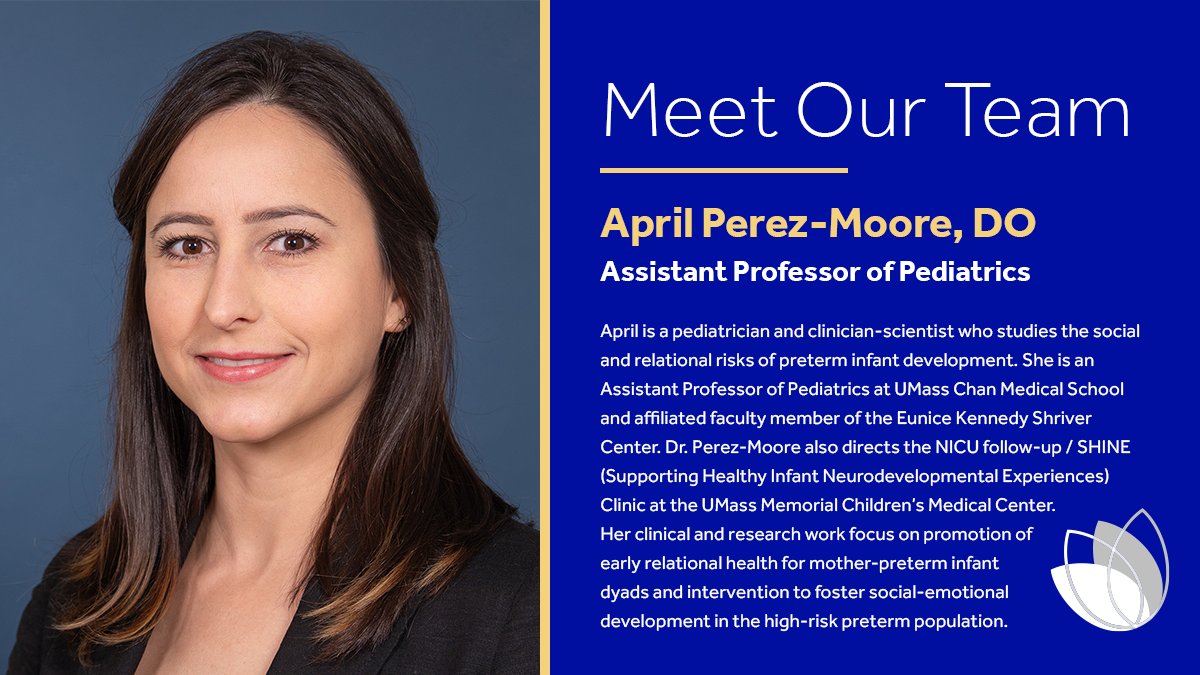 Meet April Perez-Moore, DO! An assistant professor of pediatrics at UMass Chan Medical School, she’s a pediatrician and clinician-scientist focusing on preterm infant development. She also directs the SHINE Clinic at UMass Memorial. Welcome, Dr. Perez-Moore! #ChildHealthEquity