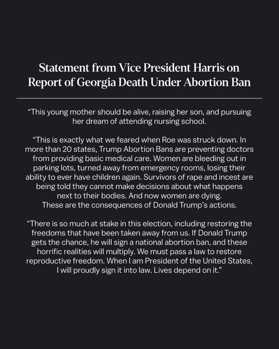 HQNewsNow's tweet photo. Statement from Vice President Harris on new report of a 28-year-old Georgia woman dying after not receiving urgent care needed for an infection under Georgia’s extreme abortion ban https://t.co/kM0pq3qG3K
