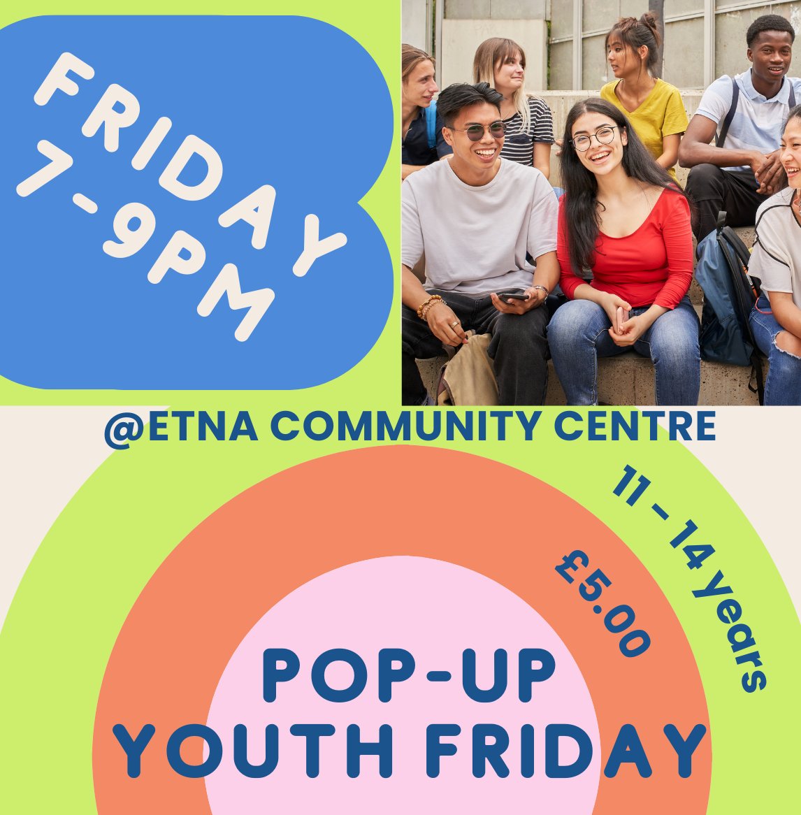Exclusively for local 11-14 year olds, Pop-Up Youth Fridays at @ETNACentre is a low cost safe space with fun activities, resources, snacks, and prime spots for hanging out!

The next date is this Friday (20 September) 📆 

Book a place for them here ⬇️ 
orlo.uk/pcSNP?