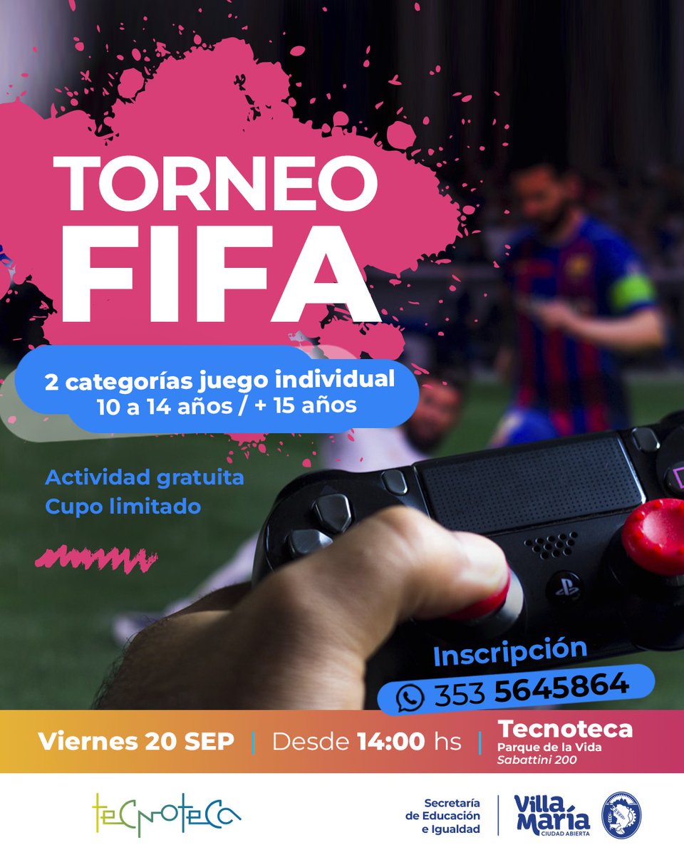 Tecnotecaok's tweet photo. ¡Torneo FIFA! 

📆 Viernes 20 de septiembre
🕛A partir de las 14:00 hs
📍 Tecnoteca (Sabattini 40)

Para inscripciones comunicate al 353-5645864 https://t.co/7TtCnJsNCp