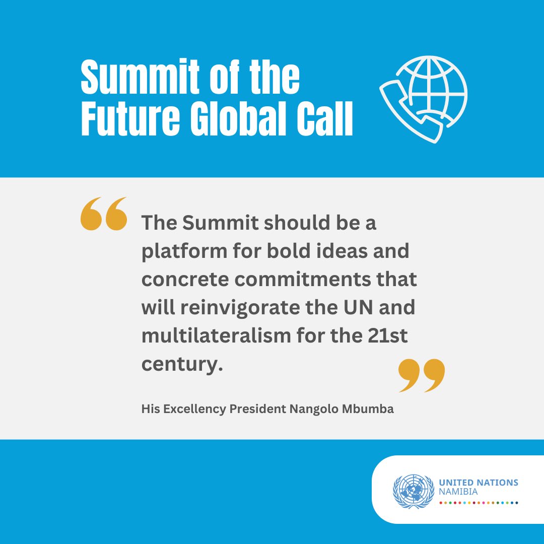 UNNamibia's tweet photo. H.E. Dr. Nangolo Mbumba, President of the Republic of Namibia, outlines a vision for a revitalized UN at the #SummitOfTheFuture Global Call. Namibia's perspective on global cooperation takes center stage. Watch the President's full address: https://t.co/PKjAUpYocH #NamibiaLeads https://t.co/32mF4fuXgS