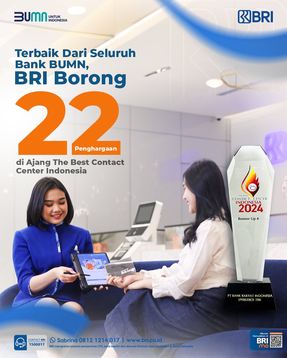 BANKBRI_ID's tweet photo. BRI dinobatkan penghargaan pemenang 4th Runner up untuk kompetisi The Best Contact Center Indonesia 2024 🙌🏻

Semoga penghargaan ini menjadi pembakar semangat kami untuk konsisten mempertahankan kualitas layanan! 👏🏻

Terima kasih kepada seluruh nasabah BRI atas kepercayaan yang telah diberikan dan kesetiaan yang senantiasa hadir bersama BRI 🙌🏻

#BRI #BriliandanCemerlang