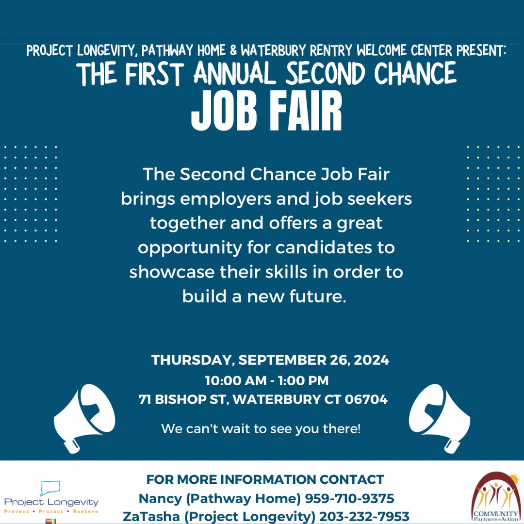 cpa1875's tweet image. SAVE THE DATE! We are teaming up with #PathwayHome and #ProjectLongevity in #WaterburyConnecticut for the Second Chance Job Fair on Thursday, Sept. 26 from 10AM - 1PM at the Waterbury Reentry Welcome Center at 71 Bishop Street. #jobs #employment #secondchances #jobfair