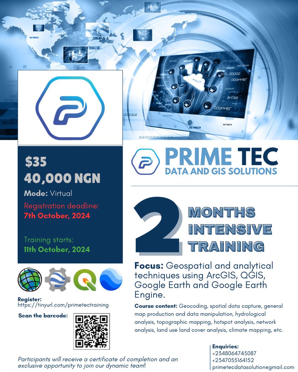 We’ll be hosting a GIS-focused training using Google Earth, QGIS, and ArcGIS, etc. 🚀
You're in env. mgt., urban planning, agric, or research, GIS and remote sensing are powerful to gain insights and make data-driven decisions!

🗓️💻📍See the flyer!

Reg: tinyurl.com/primetectraini…