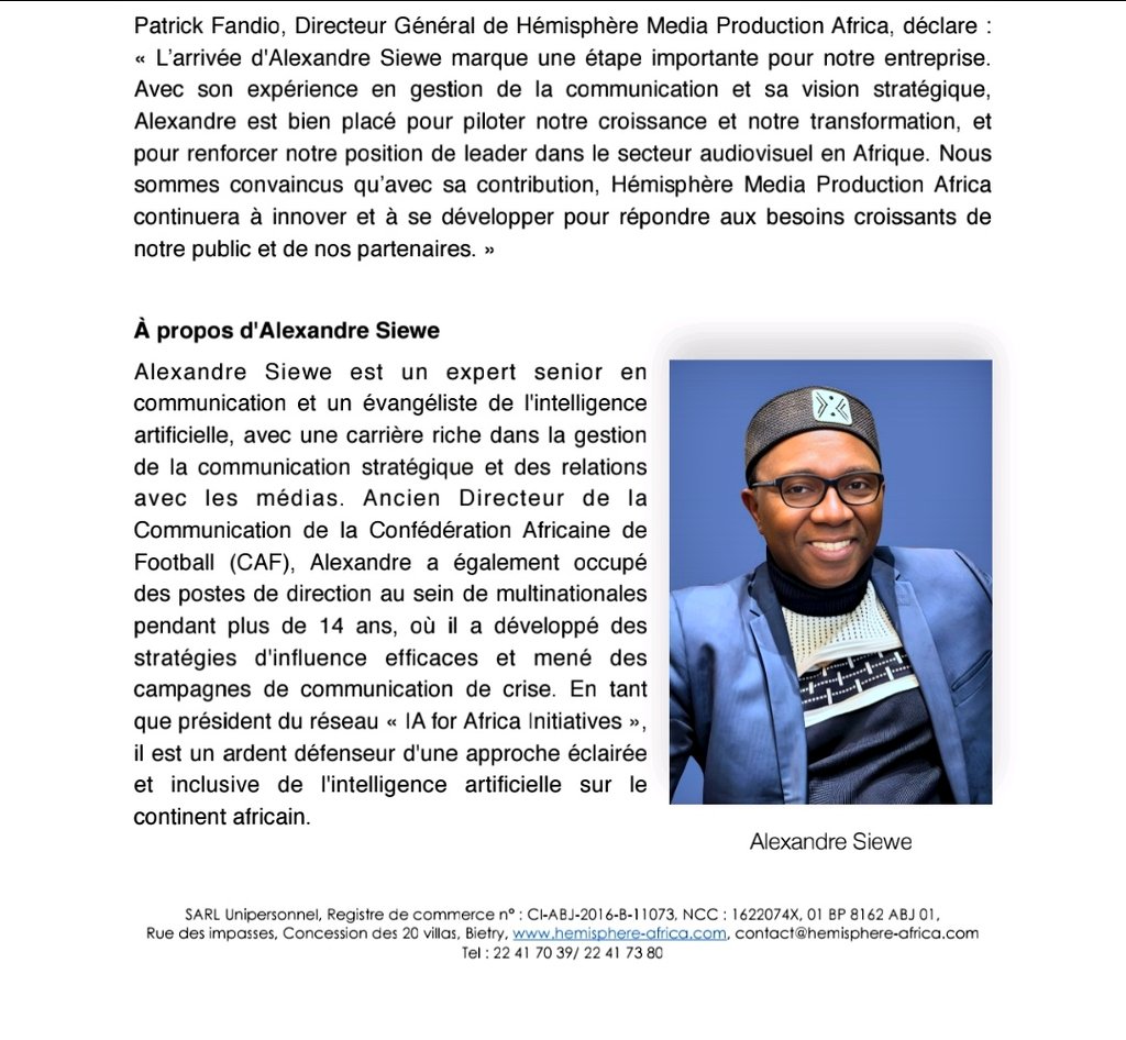 SecretariatACPM's tweet photo. Nous sommes heureux de cette nouvelle aventure professionnelle d'@AlexSiewe, un de nos membres les plus assidus et influents.
@HmpAfrica 
@patrickfandio https://t.co/LW7nqGZWai