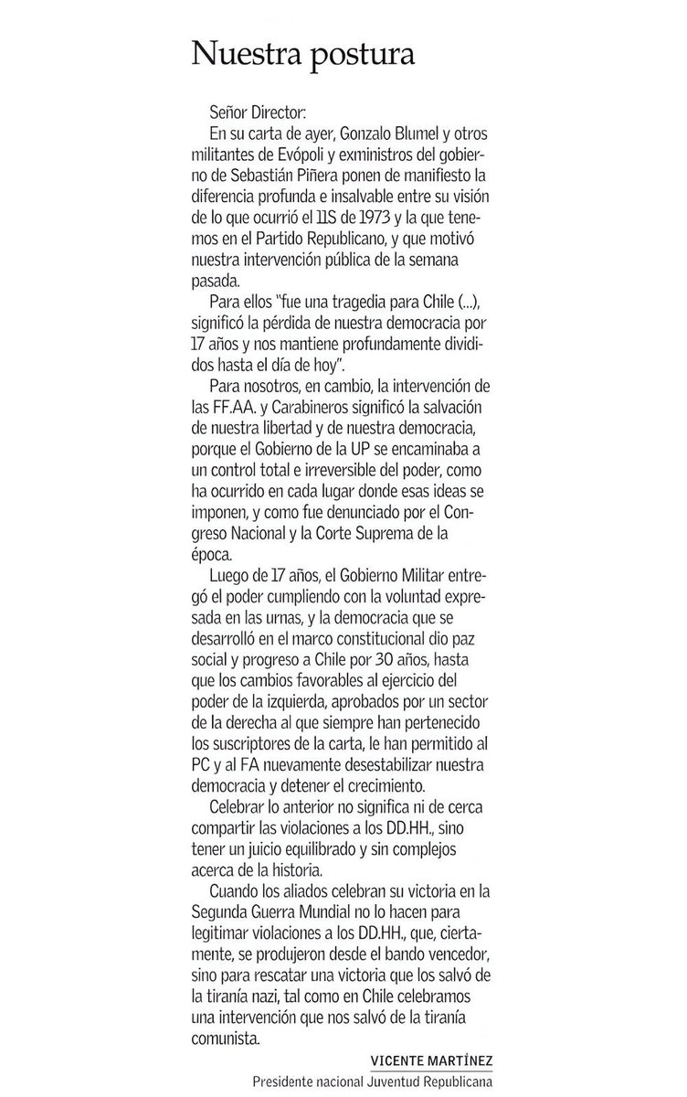 Hoy en El Mercurio nuestro Presidente Nacional Vicente Martínez (<a href="/Martinezxstgo/">Vicente Martinez</a>) responde carta de militantes de <a href="/evopoli/">Evolución Política</a>.