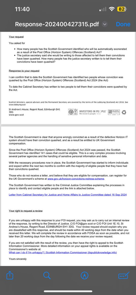 The Scottish Government says since the Post Office Horizon legislation passed in June it has “identified 141 cases that could be eligible” for convictions to be quashed.  Full FOI response 👇