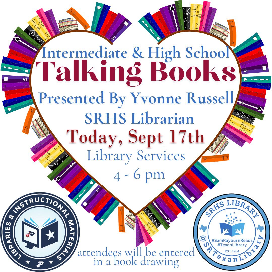 PISD_LandIM's tweet image. Join us for Talking Books with Mrs. Russell.
When: Tuesday September 17th.  4-6pm
Where: Library Services BNR 
Sign up in Strive:  pasadena.schoolobjects.com//wshop/default… or email afarley@pasadenaisd.org to enroll. #pisdREADS #TexanLibrary @SamRayburn_HS  @PasadenaISD_TX