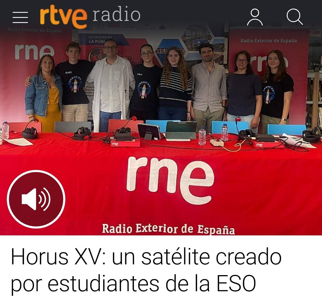 "El halcón que todo lo ve. Un satélite del tamaño de una lata".
Alumn@as del <a href="/IESDiegoV/">IESDiegoVelazquez</a> de <a href="/ayto_torre/">Ayuntamiento de Torrelodones</a> explican en <a href="/rne/">Radio Nacional</a> su proyecto HorusXV con el que participaron en #CANSAT2024  #IF_CMadrid
🚀🚀🤖🤖🌏🌏🛰🛰🚀🚀
Escúchalo aquí: ⬇️⬇️ rtve.es/play/audios/a-…