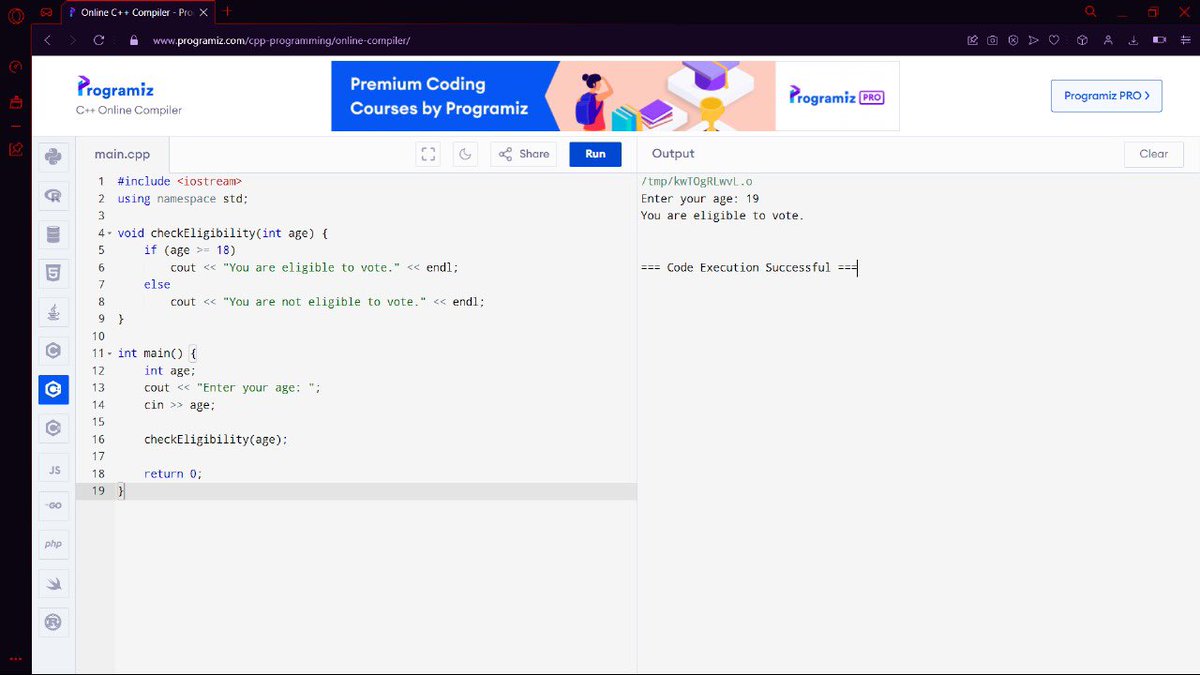 zurxa_ae's tweet image. Day 8 of #25DaysOfCode with #namespace
1) Defined function to find the max and min among 3 numbers
2) Created a function to check if a number is even or odd
3) Wrote a function to determine voting eligibility(age≥18)
4) Built a function to calculate the sum of two numbers
