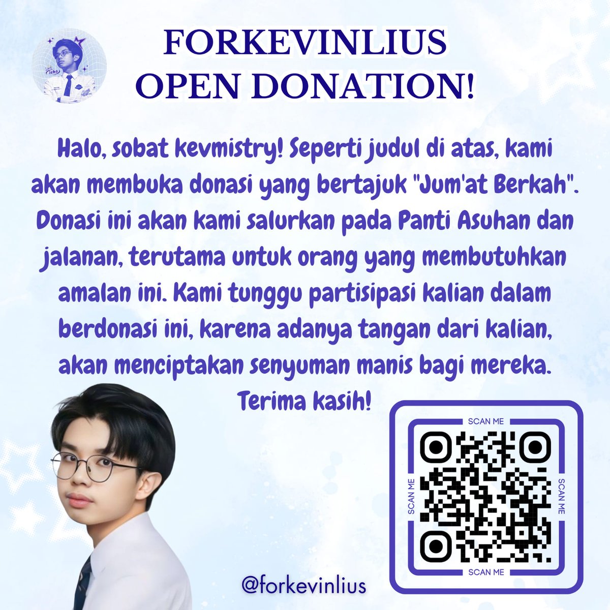 Halo, teman-teman!

Forkevinlius bersama <a href="/axelotsbubble/">AXEL BUBBLE☀️💬</a> &amp; @sndybbl155 mengadakan project berbagi melalui donasi "Jum'at Berkah"

📌 bit.ly/DonasiKemanusi…
✨ Tidak ada batasan nominal, kalian dapat berdonasi secara seikhlasnya 🙌🏻

Tidak hanya kevmistry, namun bersama sandyours &amp;