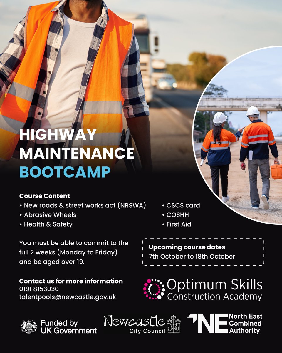 optimumskillsNE's tweet photo. Interested in a career in highway maintenance? 🛣️

Take part in fully funded training this October to gain the necessary skills and a CSCS card to get started in highway maintenance!

#SkillsBootcamps #SkillsForLife #NorthEastCombinedAuthority #NewcastleCityCouncil https://t.co/70zWuEHei9