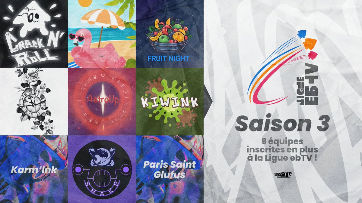 📢 Les 9 équipes suivantes inscrites à la #LigueEBTV !

🚨 J-6 avant la fin des inscriptions ! ⬇️

📝S'inscrire : bit.ly/INSCRIPTIONS-S…
🪧 + d'infos : esportbros.tv/2024/09/02/la-
👾 Discord : discord.gg/ebtv-splatoon