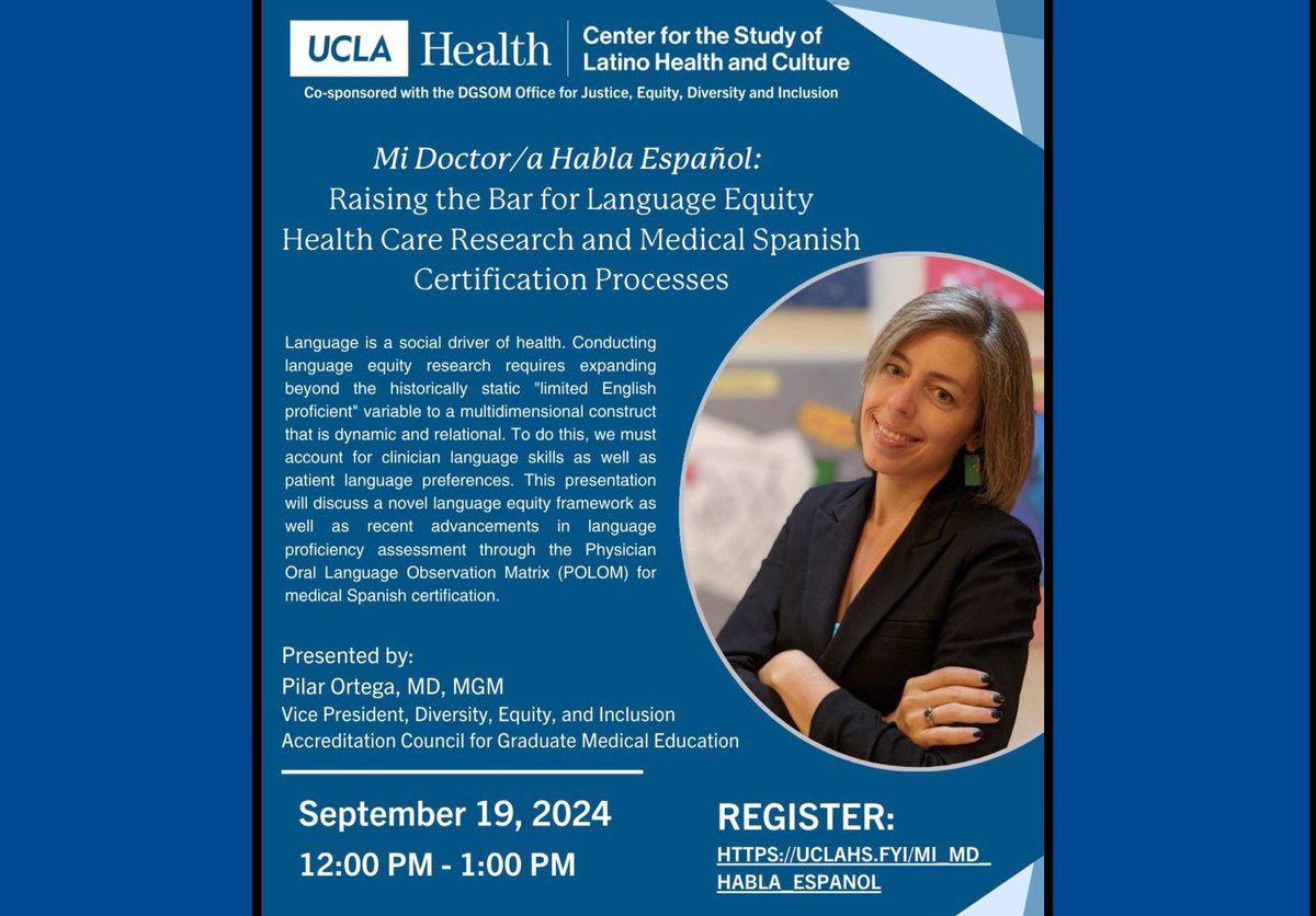 Fernando A. Navarro (@navarrotradmed) on Twitter photo Webinar
“Mi doctor/a habla español: Raising the bar for language equity health care”
<a href="/pilarortegamd/">Pilar Ortega</a>
<a href="/UCLAHealth/">UCLA Health</a>🇺🇸, September 19.
Info: medschool.ucla.edu/events/mi-doct… Webinar
“Mi doctor/a habla español: Raising the bar for language equity health care”
<a href="/pilarortegamd/">Pilar Ortega</a>
<a href="/UCLAHealth/">UCLA Health</a>🇺🇸, September 19.
Info: medschool.ucla.edu/events/mi-doct…