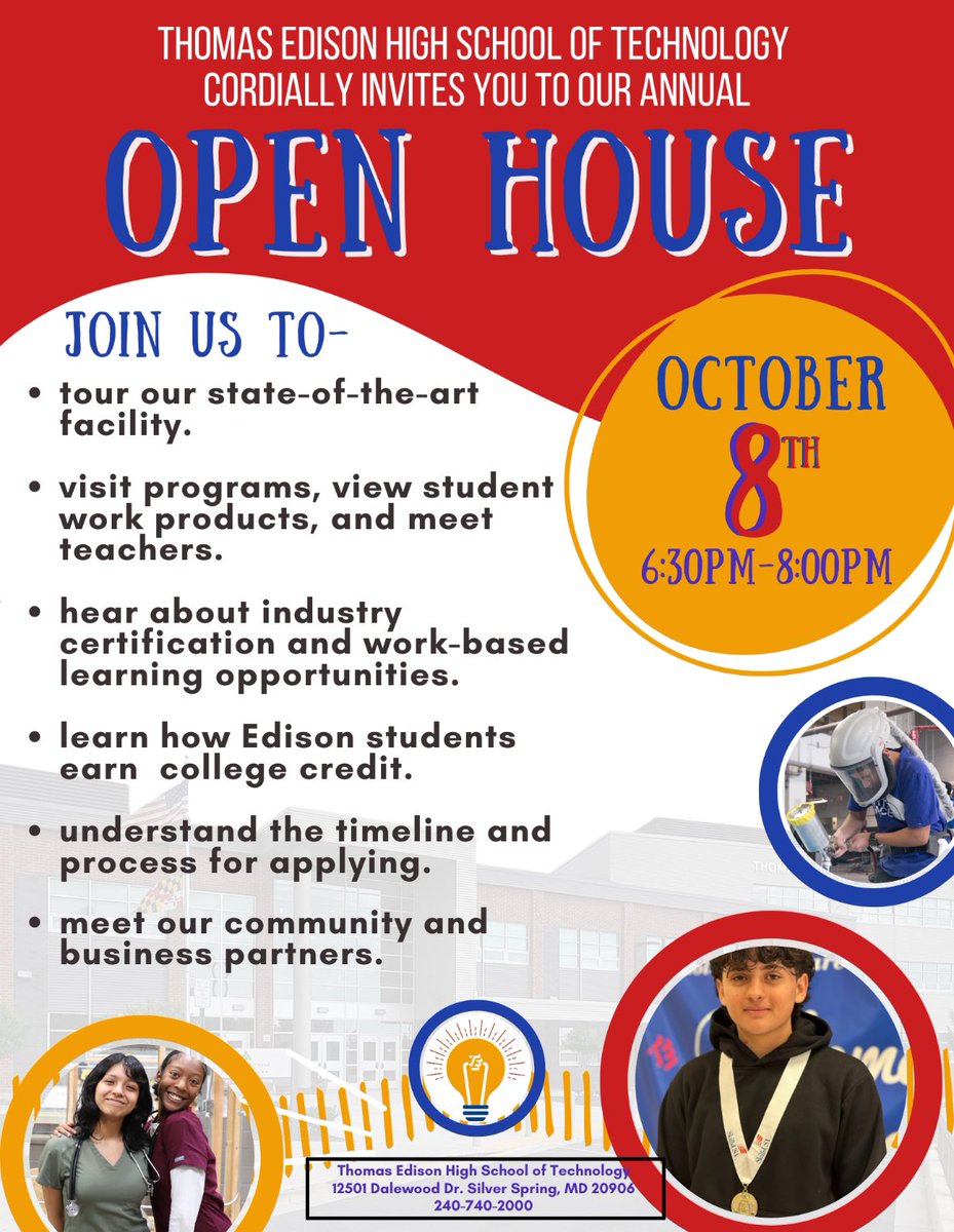 Join us for our Open House on October 8th, 6:30-8 PM!Tour our state-of-the-art facility, hear from industry partners, and explore the amazing programs at Thomas Edison High School of Technology. Don’t miss out on this great opportunity! #OpenHouse #CareerTechEd #FutureReady #MCPS