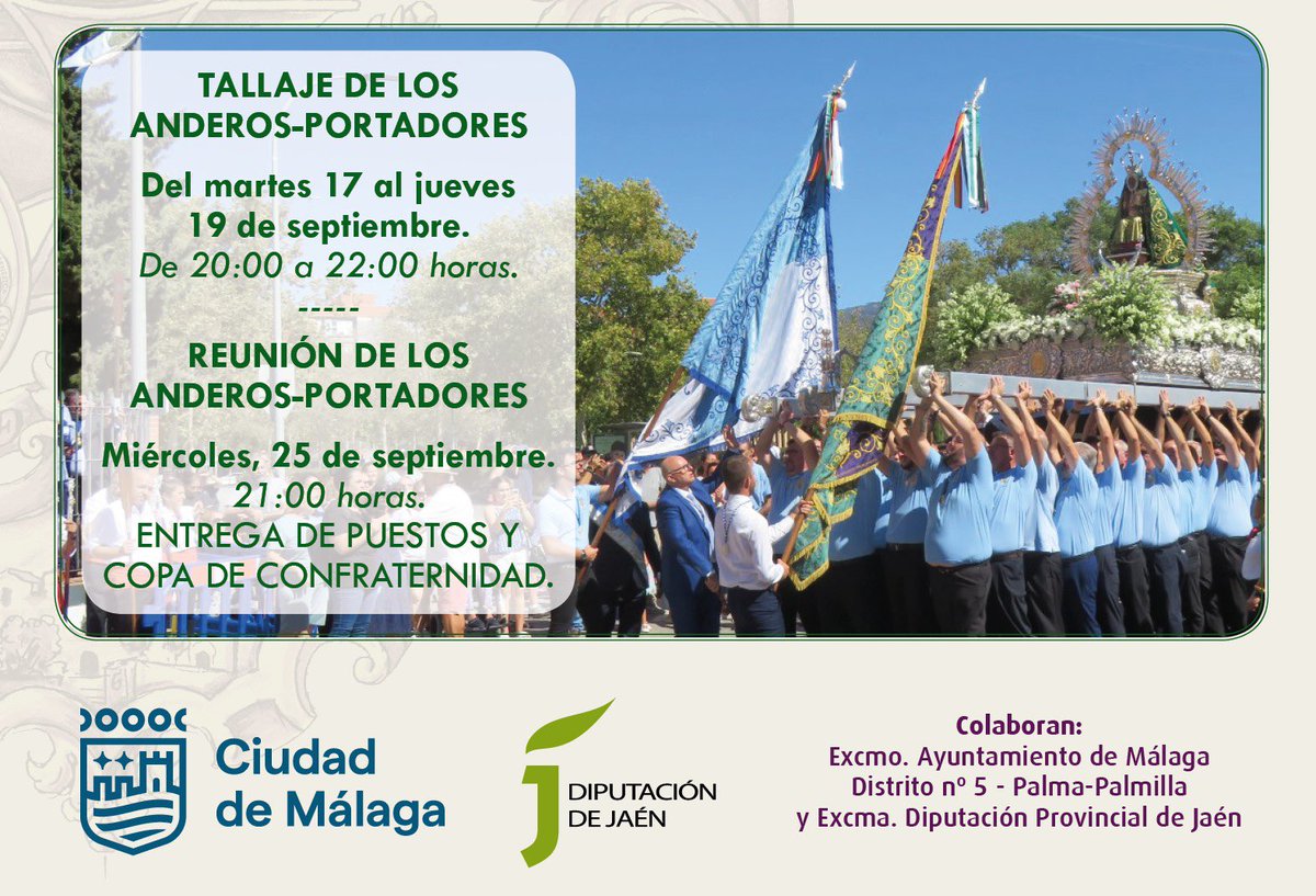 🔴 Hoy empieza el tallaje de los portadores para la procesión de nuestra titular. 
📅 Días 17, 18 y 19 de septiembre. 
🕐 Entre las 20 y 22 horas de la tarde. 
La reunión será el próximo miércoles, día 25, a las 21 horas de la tarde. 
💒 Parroquia de Jesús Obrero. 
#cofradiasmlg