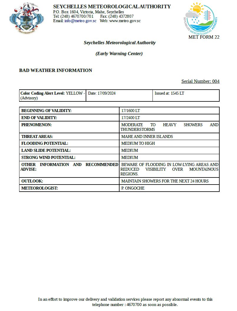 Alert Level: Yellow(Advisory) - Moderate to heavy showers and thunderstorms.