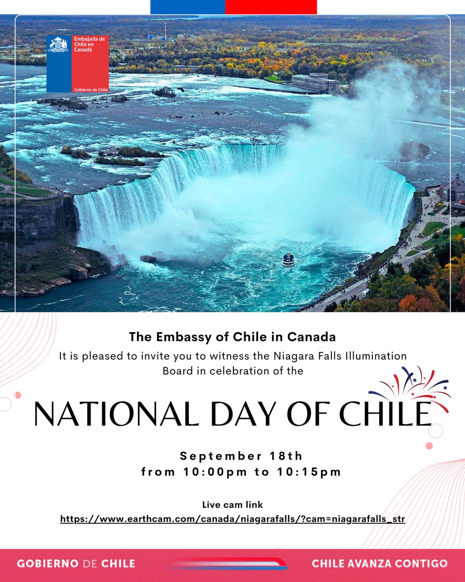 jcgarciapdea's tweet photo. 🇨🇱🇨🇦 Les contamos que este 18 de septiembre las Cataratas del Niagara se iluminarán con los colores de la bandera chilena  para celebrar nuestro Día Nacional de 10:00 pm.a 10:15 pm.
Pueden verlo en vivo acá:
https://t.co/06sjJsHfXl https://t.co/2dwSruecrp