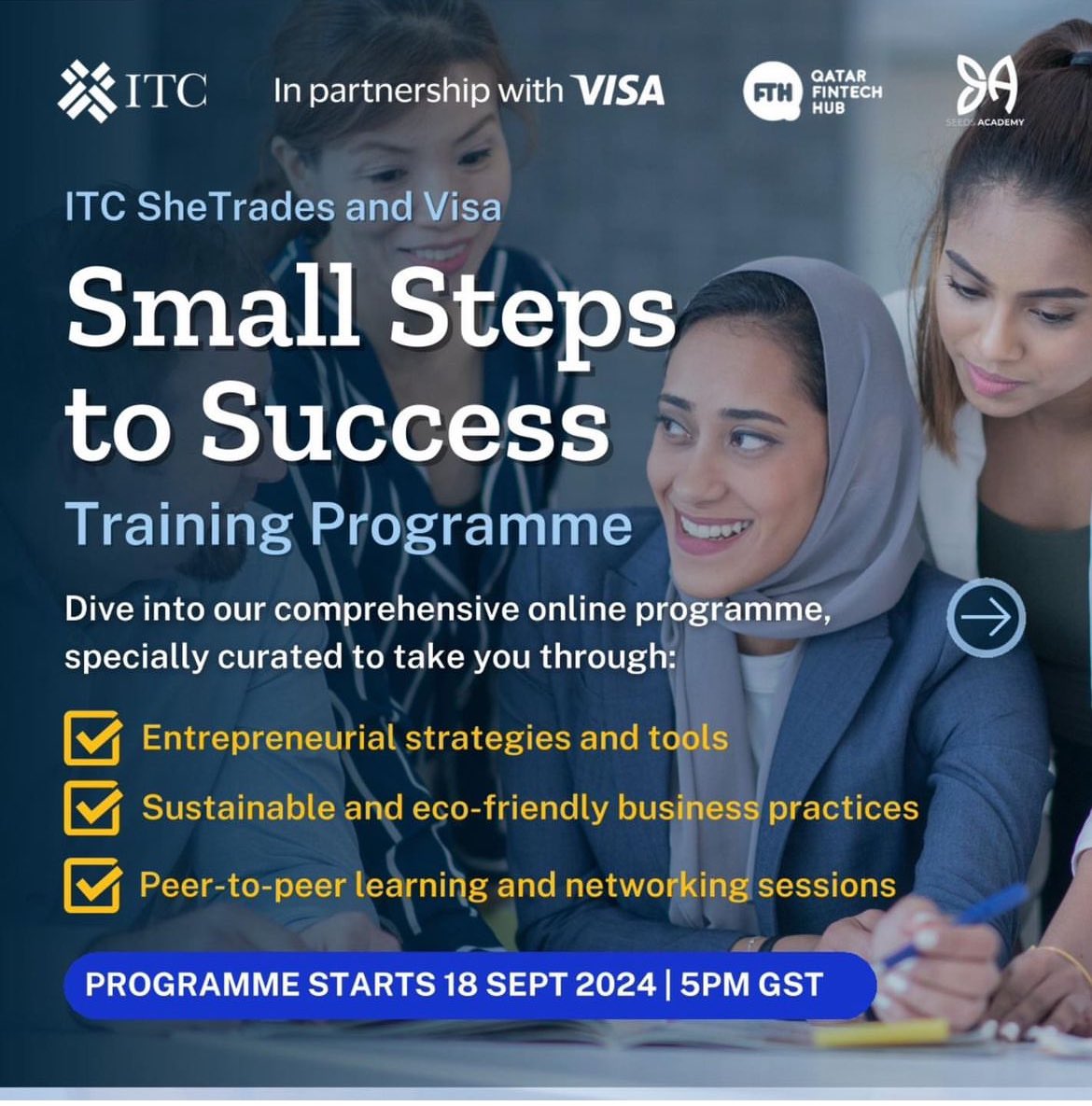 opportunitiesfy's tweet photo. 🚀 Join the "Small Steps to Success" online training by Visa, ITC SheTrades (UN/WTO), Qatar Fintech Hub, and Seeds Academy! 🌟

📅 Dates: 
- Sept 18, 2024
- Sept 25, 2024
- Oct 2, 2024
- Oct 9, 2024

https://t.co/ruESgG6onn 💼✨

#Entrepreneurship #SmallStepsToSuccess https://t.co/Tx9DQX2EVL