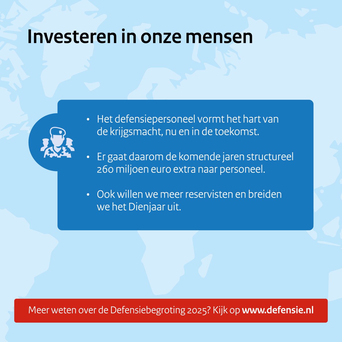 Defensie's tweet photo. De toenemende onrust in de wereld vraagt om een grotere investering in Defensie. Vanaf heden krijgt Defensie structureel 22 miljard euro. Hoe wij dit gaan besteden is te vinden in de miljoenennota. Hier alvast de belangrijkste cijfers.👇 https://t.co/0pEhFoJWuw