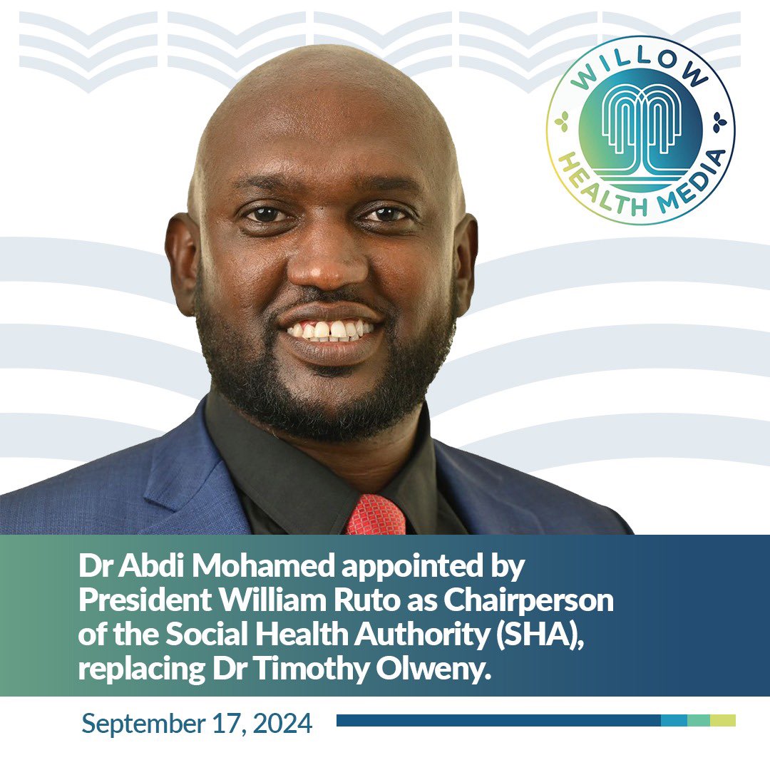 President <a href="/WilliamsRuto/">William Samoei Ruto, PhD</a> has appointed Dr. <a href="/AbdiMD/">Abdi Mohamed</a> as the new Chair of the Board of the Social Health Authority (SHA). 
 
He takes over from Dr Timothy Olweny, who was appointed to chair the SHA board in November last year.
 
Before his appointment, Dr Abdi has been serving in the