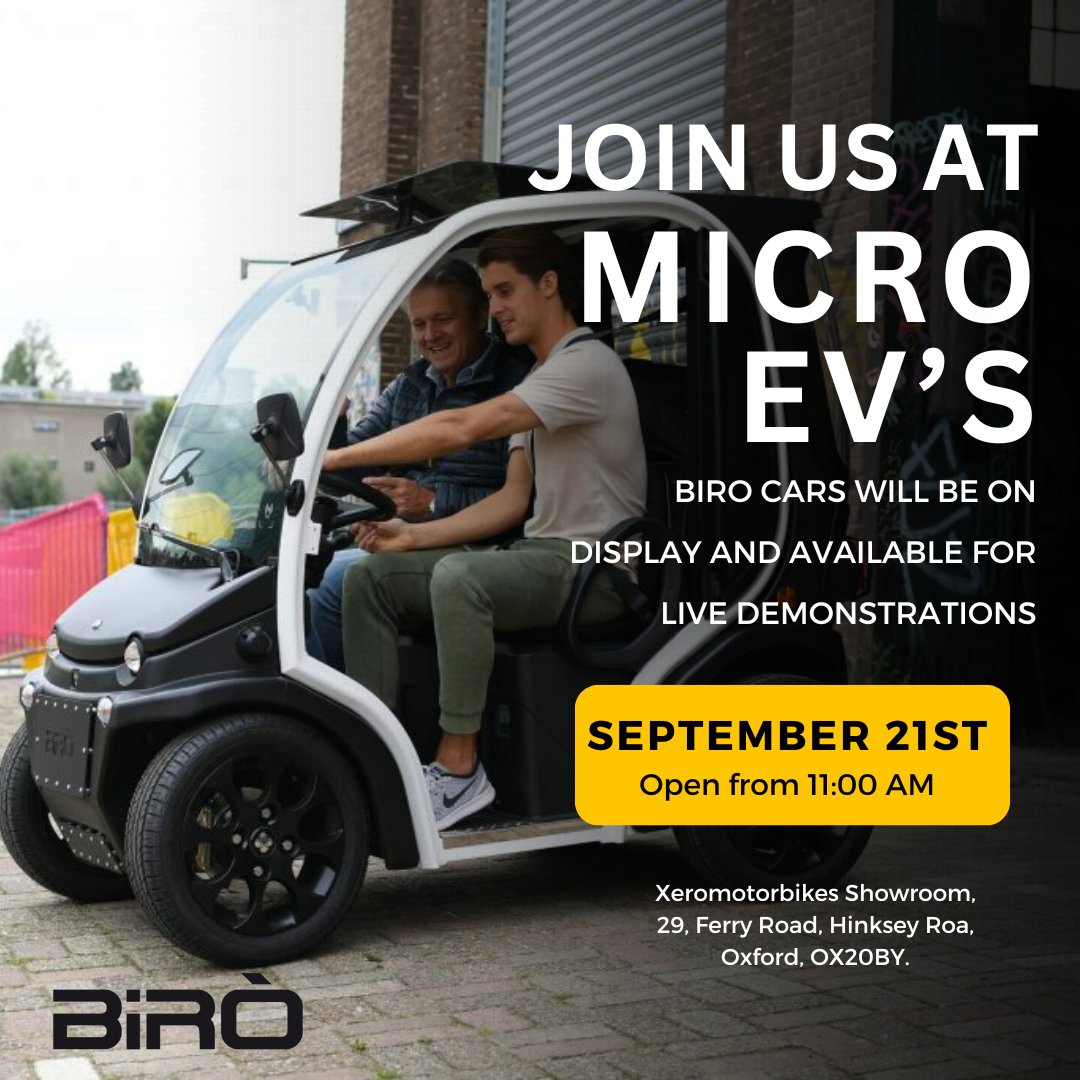 biroukcars's tweet image. Join us at Xeromotorbikes for #MicroEV! 

📅 Date: September 21st
⏰ Time: Open from 11:00 AM
📍 Location: Xeromotorbikes Showroom, 29, Ferry Road, Hinksey Road, Oxford, OX20BY.

Don't miss this exclusive opportunity to experience innovation up close. See you there! 🙌