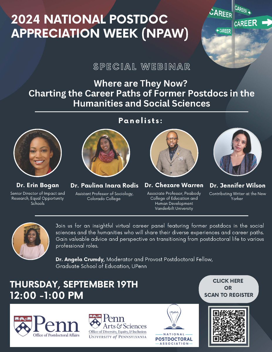Join us on Thursday for this panel of former postdocs in the Social Sciences and Humanities discussing their career paths. Open to anyone you just need to register! upennmeeting-edu.zoom.us/webinar/regist…