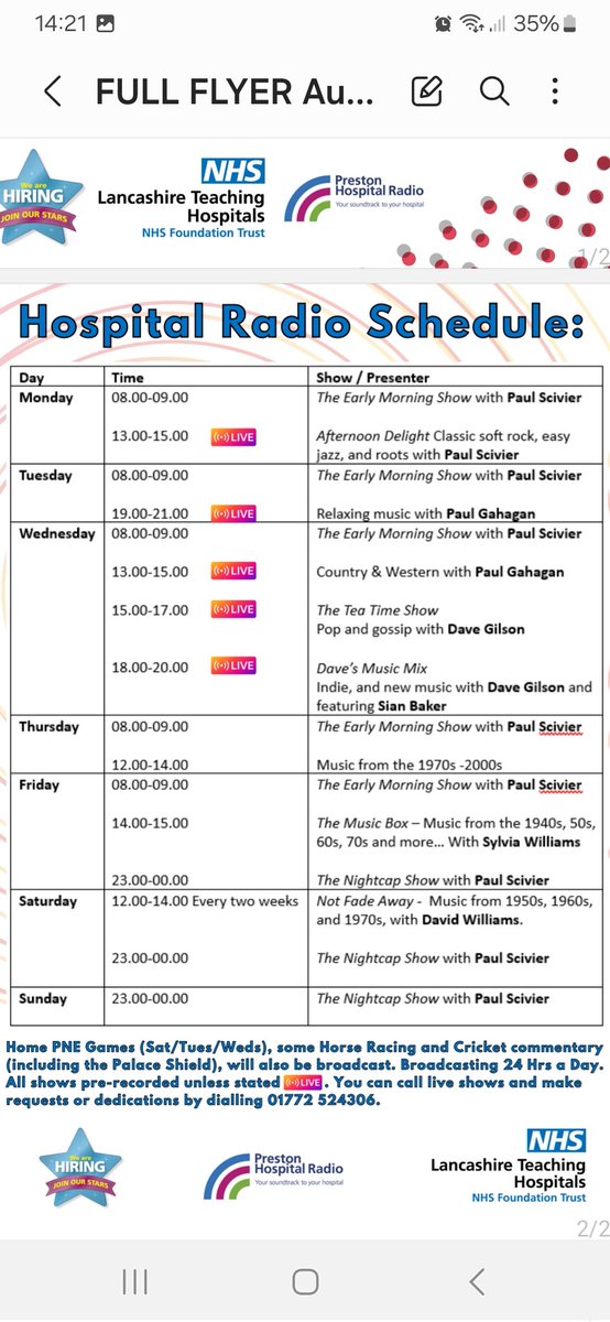 Just a reminder of our full schedule for Preston Hospital Radio. It lists our shows broadcast live from the studio as well as pre-recorded shows. 
To listen: radio-live-uk.com/preston-hospit…