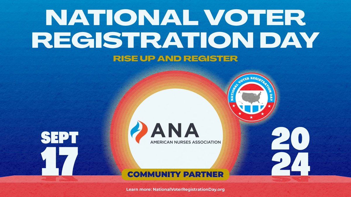 RNAction (@rnaction) on Twitter photo It’s #NationalVoterRegistrationDay! ANA is proud to be a community partner of this vital civic holiday.
Celebrate with us by ensuring you’re registered & ready to #VoteEarly or on Election Day, Tuesday, November 5! Check your status today ➡️ nursesvote.org It’s #NationalVoterRegistrationDay! ANA is proud to be a community partner of this vital civic holiday.
Celebrate with us by ensuring you’re registered & ready to #VoteEarly or on Election Day, Tuesday, November 5! Check your status today ➡️ nursesvote.org