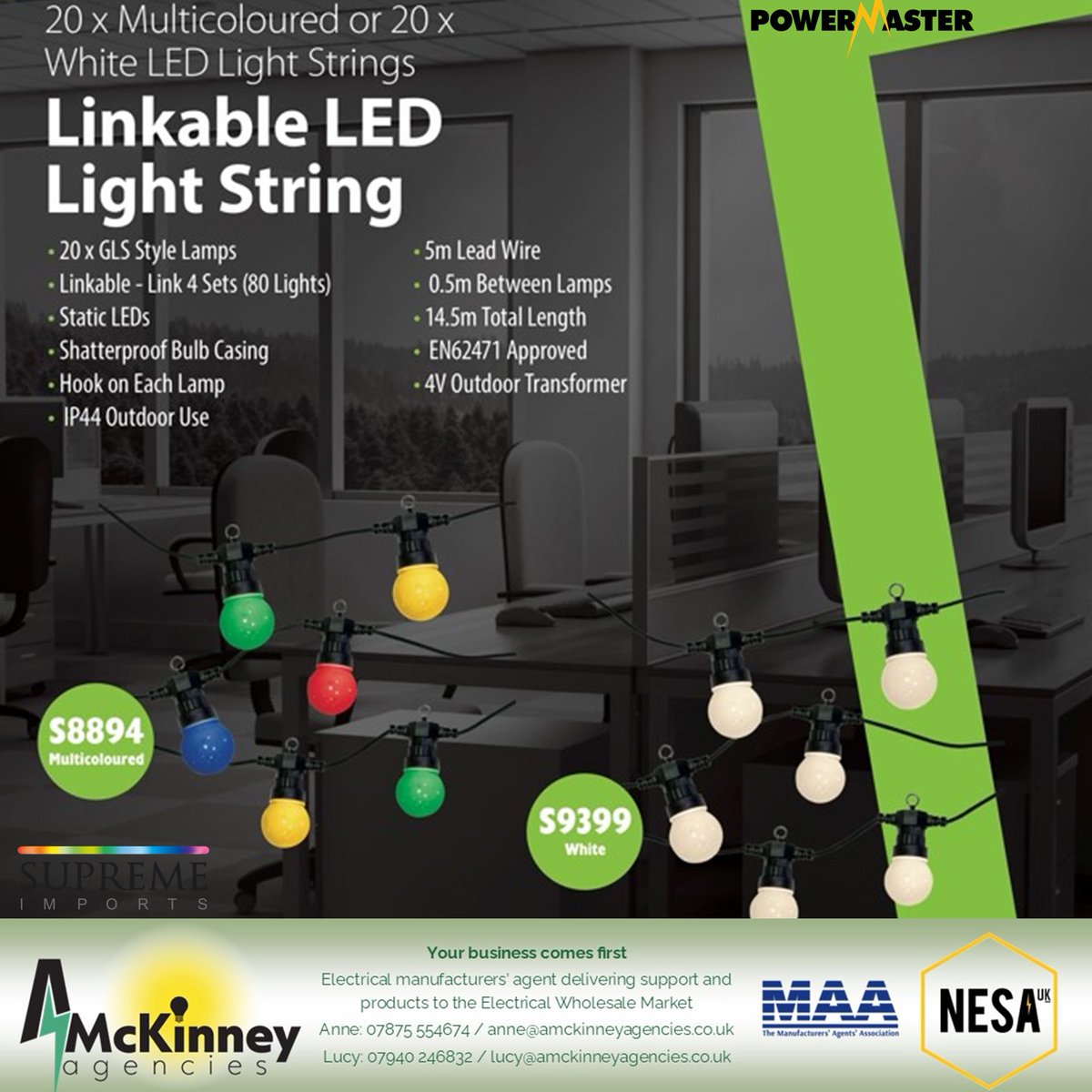 Stretch out the last of the #Summer🌞evenings &amp; perfect for #Autumn🎃these #LED #StringLights will fly off the shelf. Great for any #outdoor space, #Gardens, #BeerGardens etc Get in touch now for pricing.
📨lucy@amckinneyagencies.co.uk
#ElectricalWholesalers #TuesdayTip #Lighting