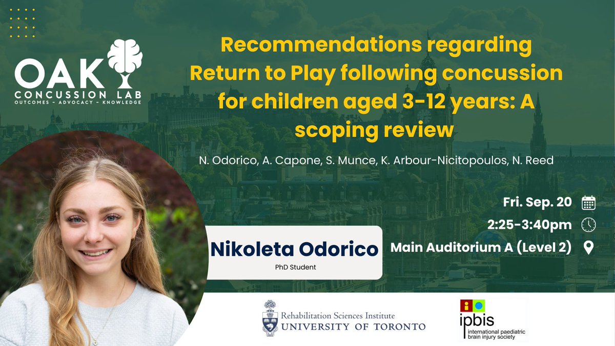 🧠 <a href="/IPBIS/">International Paediatric Brain Injury Society</a> Presentation 🧠

<a href="/nikiodorico/">Niki Odorico</a> conducted a #scopingreview about return-to-play following a concussion for children. Come hear about the resulting recommendations.

📅 Fri. Sep. 20
⏲️ 2:25pm
📕 Presentation Group: Concussion &amp; mTBI (Part IV)
