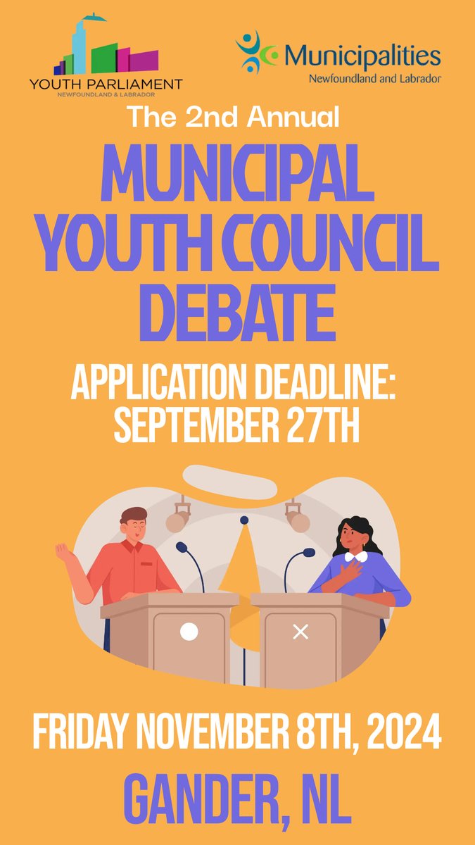 MunicipalNL's tweet photo. Know someone aged 15-24? Maybe it's you! We're looking for youth interested in a municipal council experience to participate in a simulated council meeting on Nov. 8 in Gander. The deadline to apply is Sept. 27. Details and application form here: https://t.co/zzJjtGMa6x https://t.co/LERvQMfs07