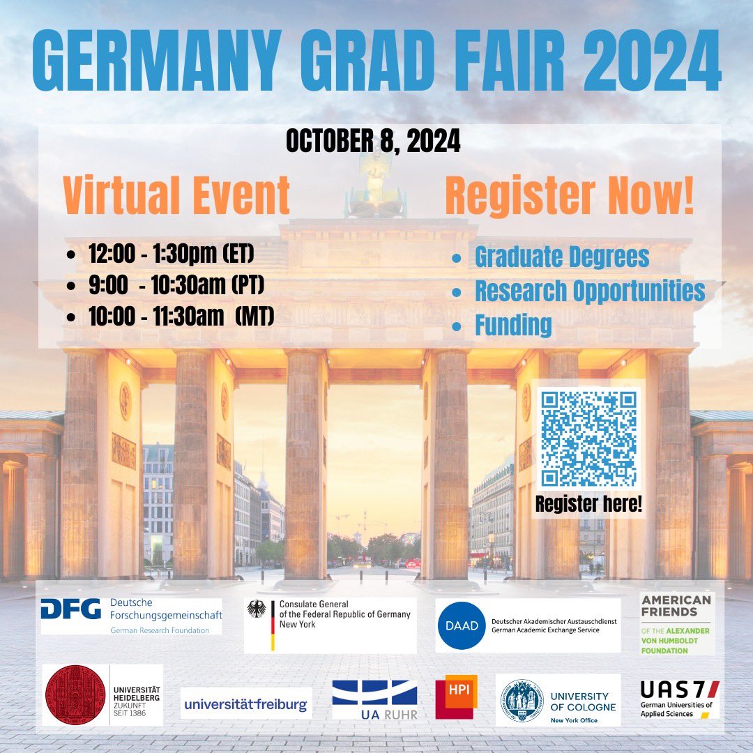 Thinking about #gradschool? Come learn what opportunities await you in Germany! The virtual Germany Grad Fair is your pass to exploring opportunities for research, funding, and career advancement.
🗓️Oct. 8 at 12pm ET, 9am PT, 10am MT
Register ▶️ events.ringcentral.com/events/virtual…