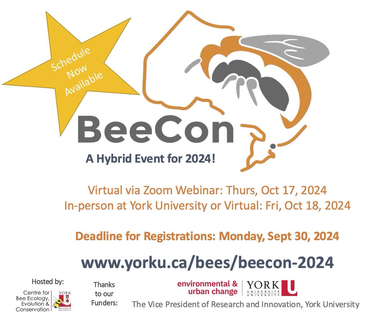 BeesYU (@beesyork) on Twitter photo ๐ฃ The #BeeCon 2024 Schedule with Abstracts is live on our website! ๐ฃ
Join us for a free hybrid event on Oct 17-18, 2024, including our keynote talk by <a href="/PhDBee/">Chelsea Cook</a>. Register today! yorku.ca/bees/beecon-20โฆ
See you there!
#BeeResearch #Bees #Conference #wildbee #honeybee ๐ฃ The #BeeCon 2024 Schedule with Abstracts is live on our website! ๐ฃ
Join us for a free hybrid event on Oct 17-18, 2024, including our keynote talk by <a href="/PhDBee/">Chelsea Cook</a>. Register today! yorku.ca/bees/beecon-20โฆ
See you there!
#BeeResearch #Bees #Conference #wildbee #honeybee