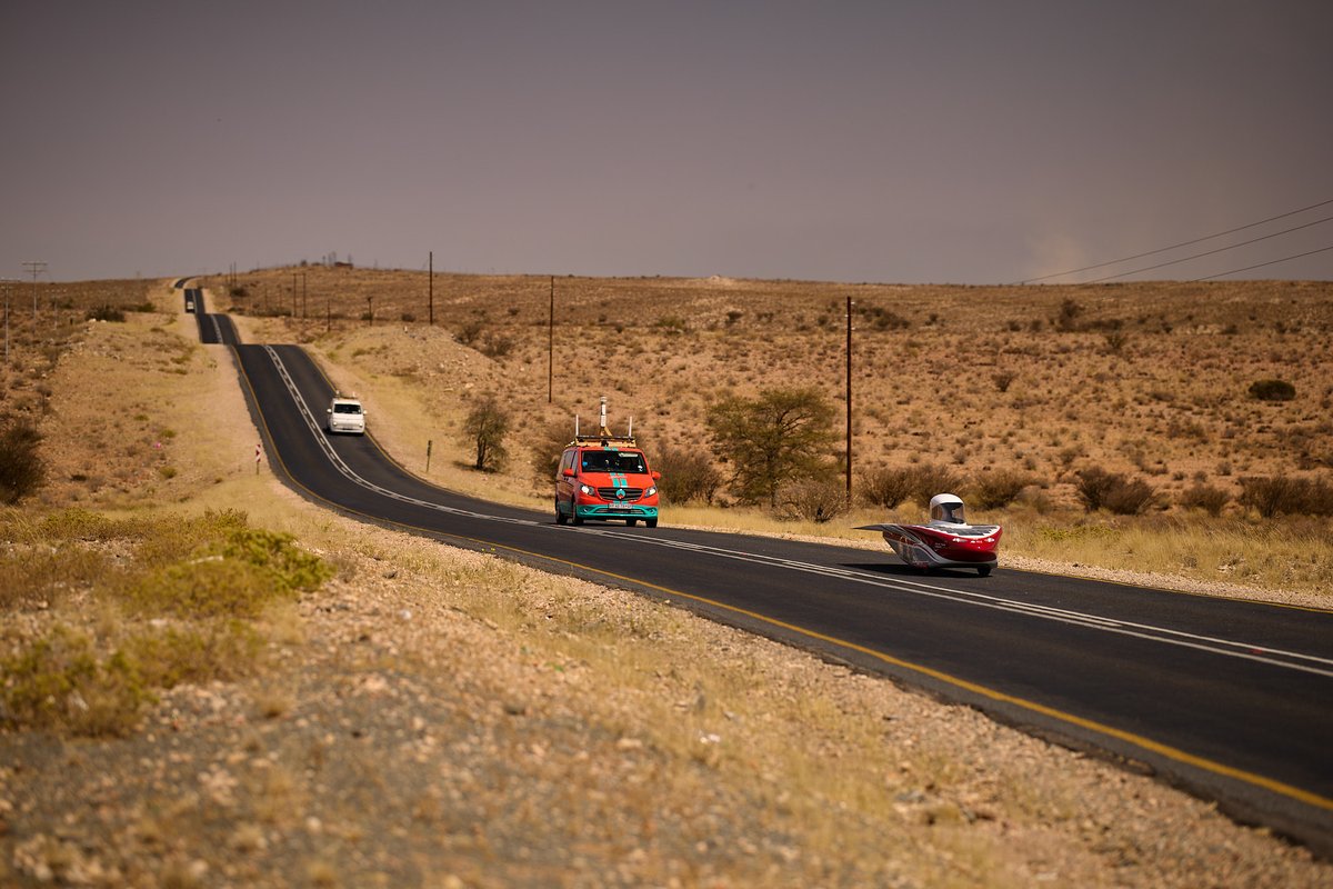 We are currently driving back from the stop location in Pofadder to Springbok, where today's finish will be. 

We drove six loops and are curious to see what the other teams are planning. 

#SasolSolarChallenge #SolarTeamTwente #solarcar