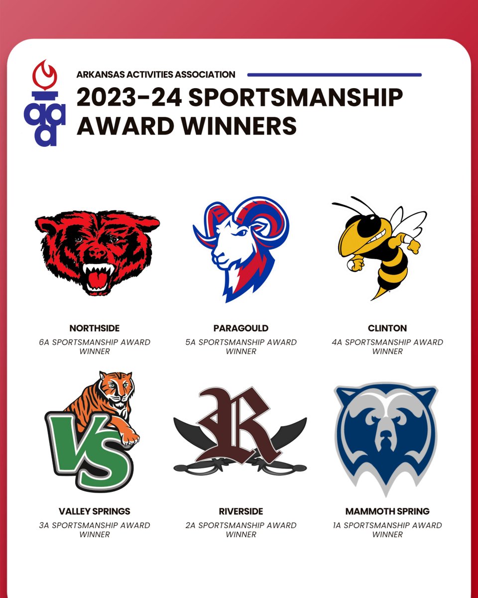 ArkActAssn's tweet image. Congratulations to the 2023-24 Sportsmanship Award Winners!

These schools were voted on by their fellow schools for playing the game the right way!