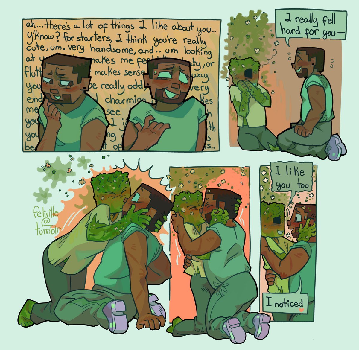 feliville's tweet image. (from 2023) This is a first kiss/confession combo for my little Steve+Zombie story. One of my fav comics I've made so far

#minecraft #minecraftcomic #minecraftfanart #minecraftsteve #minecraftzombie
