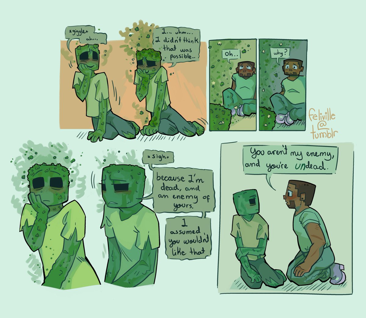 feliville's tweet image. (from 2023) This is a first kiss/confession combo for my little Steve+Zombie story. One of my fav comics I've made so far

#minecraft #minecraftcomic #minecraftfanart #minecraftsteve #minecraftzombie