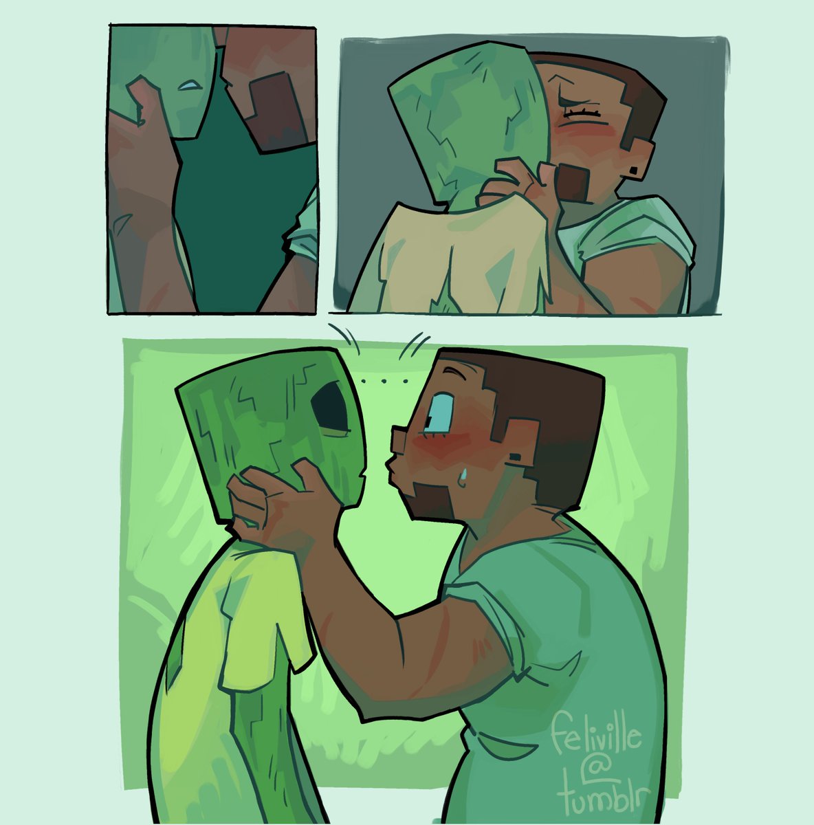 feliville's tweet image. (from 2023) This is a first kiss/confession combo for my little Steve+Zombie story. One of my fav comics I've made so far

#minecraft #minecraftcomic #minecraftfanart #minecraftsteve #minecraftzombie