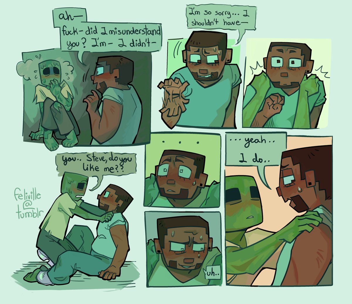 feliville's tweet image. (from 2023) This is a first kiss/confession combo for my little Steve+Zombie story. One of my fav comics I've made so far

#minecraft #minecraftcomic #minecraftfanart #minecraftsteve #minecraftzombie
