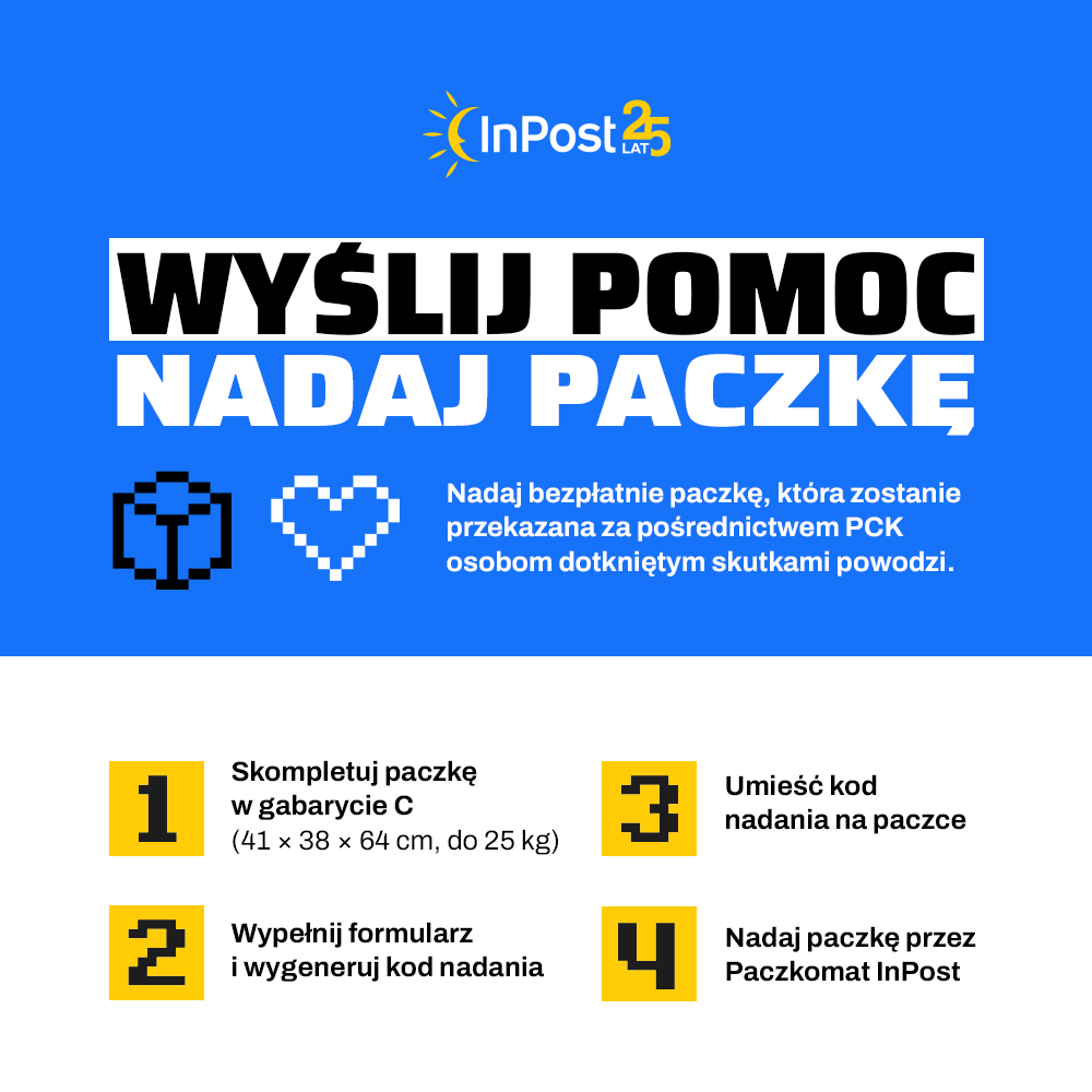 InPostPL's tweet photo. WYSYŁAMY POMOC! 💙 Uruchamiamy specjalną usługę, w ramach której każdy może za darmo nadać paczkę z produktami, które zostaną przekazane za pośrednictwem PCK osobom dotkniętym skutkami powodzi. Wejdźcie na: https://t.co/JVHSIORACP i sprawdźcie, jak możecie pomóc potrzebującym! https://t.co/4o9GVaeJk8