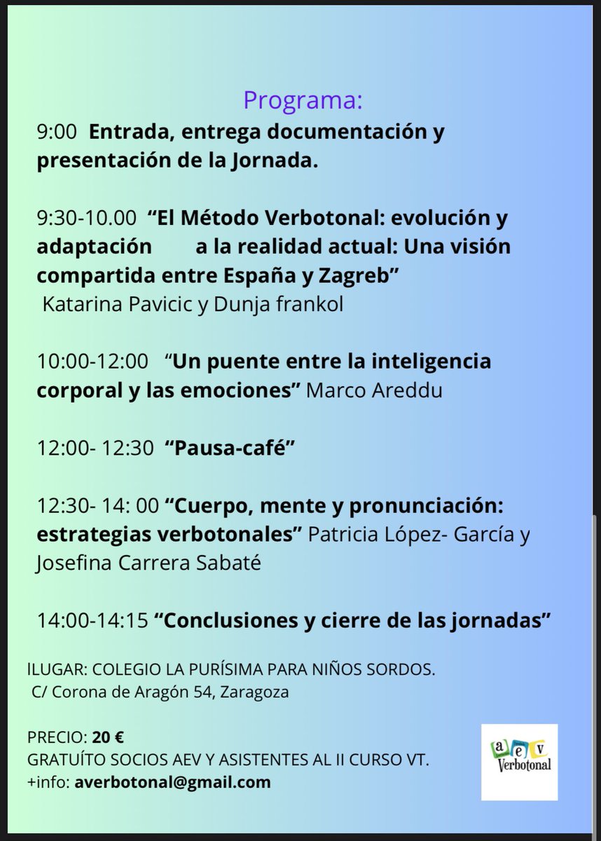 aeverbotonal's tweet photo. Os compartimos el cartel definitivo de las Jornadas VT que se celebrarán en Zaragoza el día 26 de octubre, como broche al II curso sobre Metodología Verbotonal, nivel medio (Del 23 al 25 de octubre ambos incluídos). Os esperamos a tod@s en esta jornada!!! https://t.co/1qHBFZqlWh