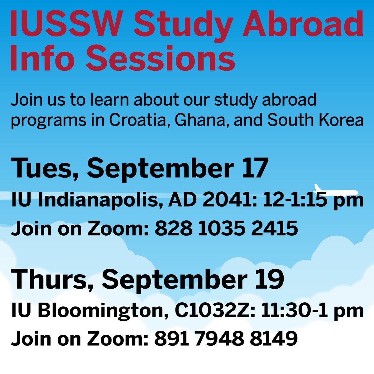 Today, study abroad info session! 

Social work students are you ready to embark on an adventure? Join us for an info session about our study abroad programs.

Sept 17
12pm-1:15pm
Location: In person- IUI campus, AD 2041 and Zoom- 828 1035 2415

We can’t wait to see you there!